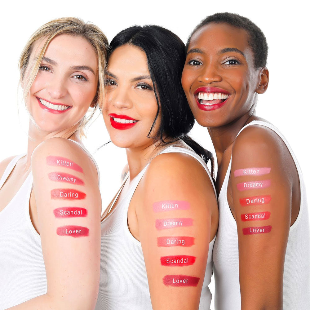lique cream lipstick color swatches on three women