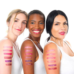 lique fetish cream lipstick swatches on three women