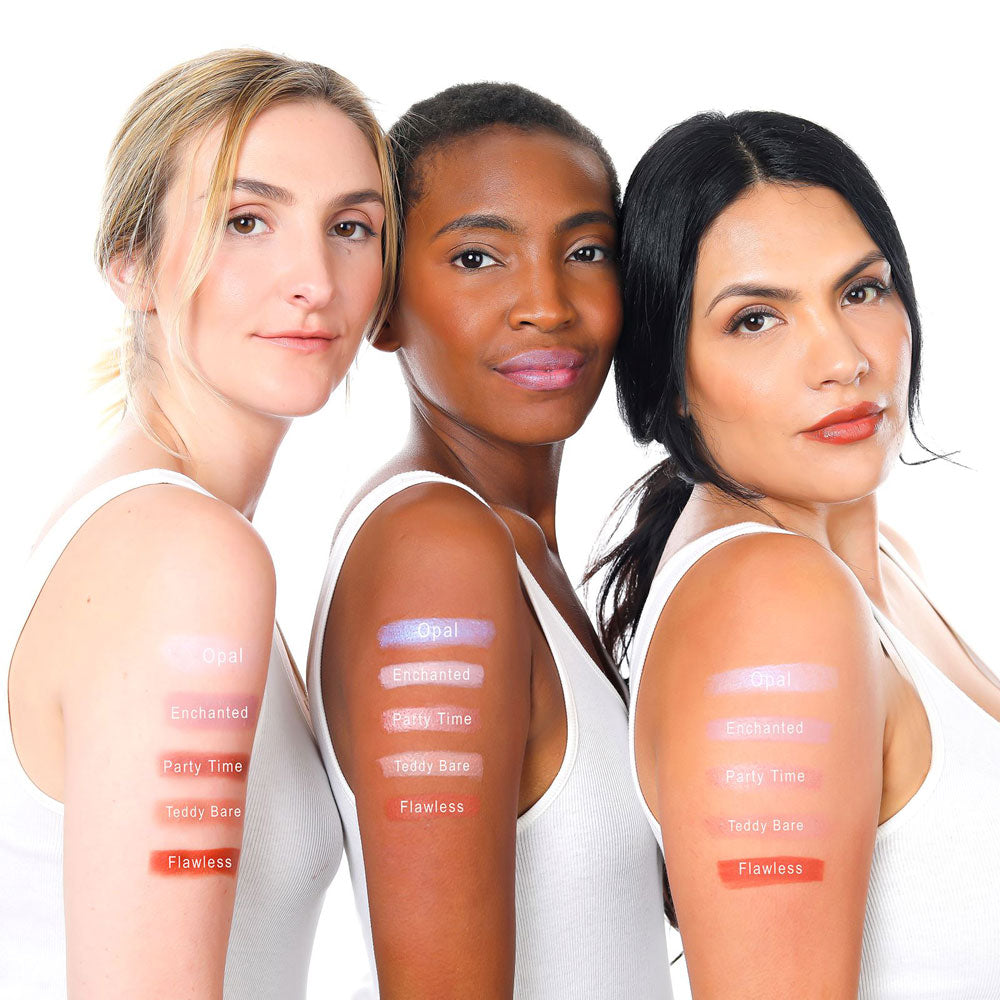 lique flawless cream lipstick swatches on three women